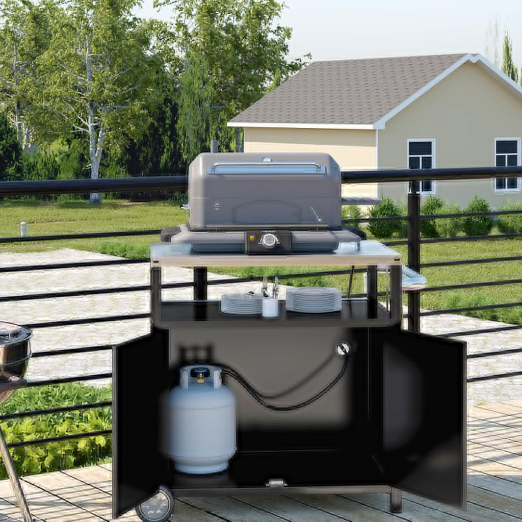 Stainless Steel Outdoor Grill Cart Pizza Oven Stand Trolley Table with Wheels Three-Shelf Movable Food Prep and Work Table Heavy Duty Grill Carts Outdoor Cart 31.5×24×35.5